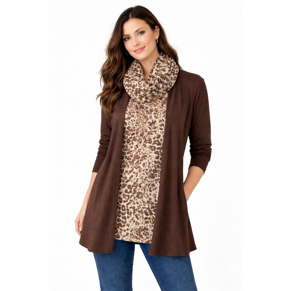 White Stag Leopard Print 3-Piece Top Cardigan Infinity Scarf XL 16-18